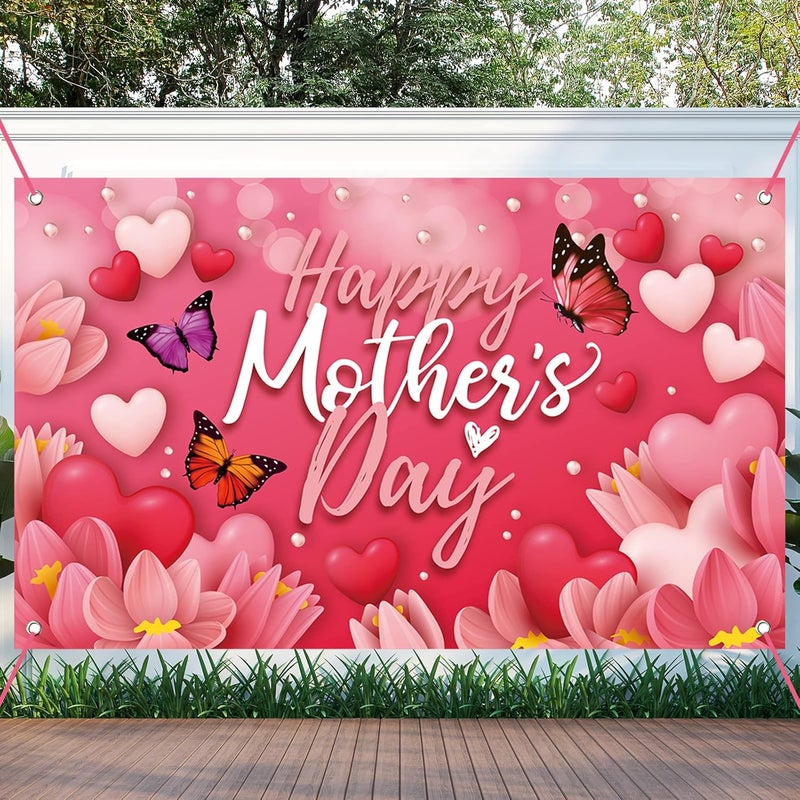 Sophena Large Happy Mother's Day Banner Decorations Mothers Day Flag Outdoor 71x44 Inch,Mom Gifts for Indoor Home House Decor Party Supplies,Yard Sign Background for Photography, Red Pink Heart Flowers - Image 1